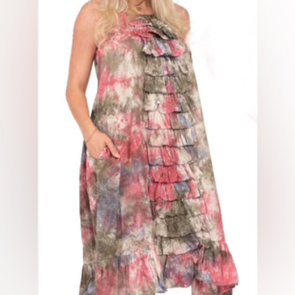 Tie dyed A line ruffle front sleeveless dress.
